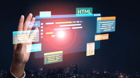 Software development with coding overlays, programming languages, developer tools, mobile app...