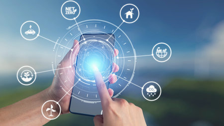 Net zero and sustainability concepts with environmental balance, digital sustainability icons, green...