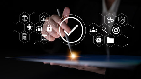 A business professional interacts with a tablet, surrounded by digital icons representing...