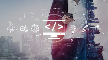 Modern web development concept featuring coding symbols, web development process, web development...