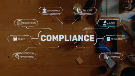 A modern compliance framework illustrated with key concepts like governance and standards, displayed...