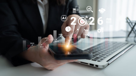 Bar graphs, charts, and number 2026 with AI and data analysis icons symbolizing future business...