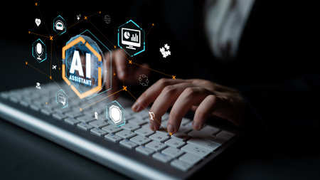 Hand typing on keyboard with AI assistant concept and digital icons representing technology, voice...
