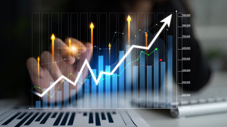 A business analyst engages with data visualization and graphs, illustrating financial trends and...