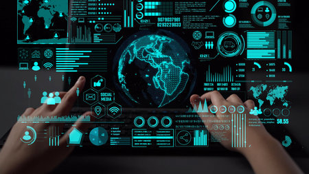Data center monitoring dashboard visualize network performance, connection status, usage rate, and...