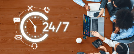 A diverse team collaborates at an office table with digital tools and a clock symbolizing 24/7...