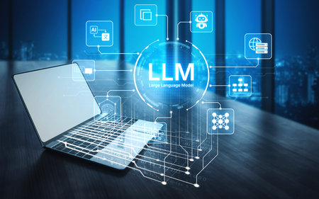 Large Language Model LLM processing data. Represents deep text learning, natural language processing NLP AI tech, transformer architecture, and generative AI deep learning future technology. Corpusの写真素材