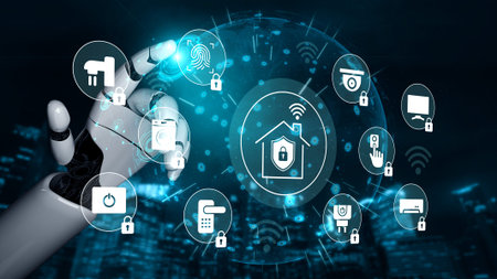 A robotic hand interacts with a virtual interface displaying various security icons related to smart...