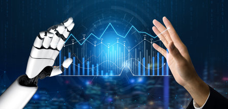 A captivating scene of a human hand reaching out towards a robotic hand, symbolizing the synergy...