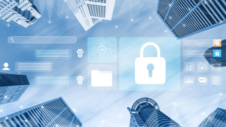 A striking representation of cybersecurity featuring a padlock icon against a modern city skyline,...