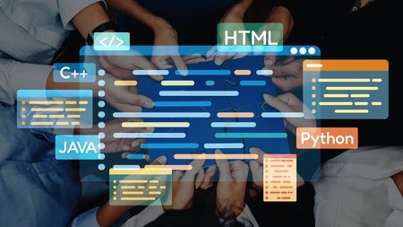 A dynamic scene showcases diverse hands working together over a digital interface filled with...