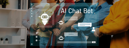 A diverse group of individuals stands together with an AI chat bot interface overlaid, symbolizing...