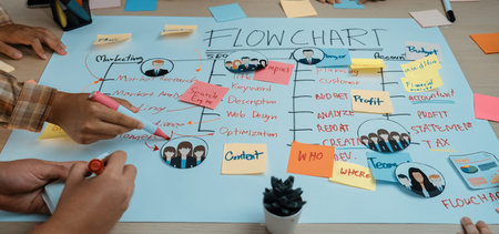 A vibrant scene of a collaborative brainstorming session featuring hands actively engaging with a...