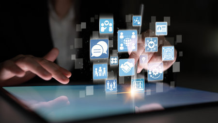 People networking and digital community with teamwork, partnership, collaboration and connection icons showing modern communication and relationship building.の写真素材