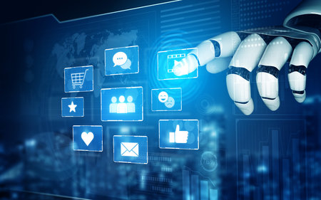 AI analyzing social media interaction, processing user responses, and generating insights from...