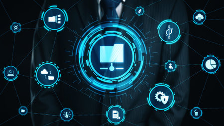 Concept of managing online folders with digital file organization, cloud storage, and secure...