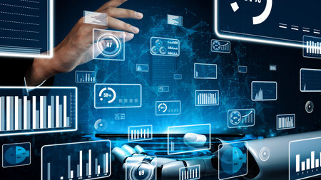 A captivating digital environment featuring an advanced user interface with various charts and data...