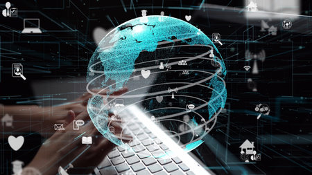 This image illustrates a conceptual representation of global connectivity with digital icons...