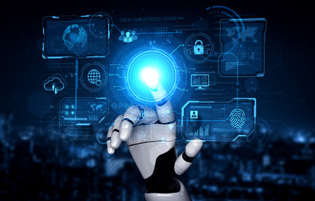 An AI assistant operates a futuristic command center, managing a global technology platform. The...