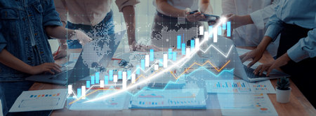 A diverse team collaborates in an office environment, analyzing growth data through interactive...