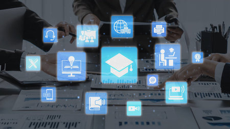 Online education icons show e-learning, online education classes, and digital study. Online...