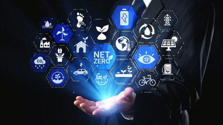Net zero and sustainability concepts with environmental balance, digital sustainability icons, green...