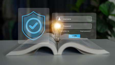 An open book with a glowing light bulb symbolizes knowledge and innovation, paired with a digital login interface for username and password entry, highlighting security.の写真素材