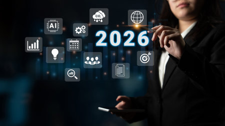 Digital icons, analytics symbols, and glowing number 2026 representing business goals, innovation,...