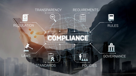 Compliance ensures alignment with standards, laws, and policies. A strong compliance system helps enforce regulation, protect organizations, and improve global compliance transparency.の写真素材