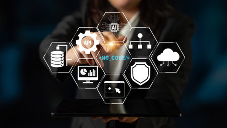 Woman in Business Attire Using Tablet with Digital Interface Elements Representing Technology...
