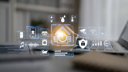 Modern Smart Home Technology Concept with Icons for Automation, Control, and Security in a Bright Workspace Environment.の写真素材