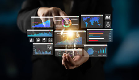 Data dashboards with graphs, charts, maps, and metrics representing global sales analysis and...