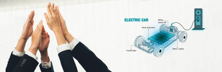Powerful visualization of an innovative electric car concept, showcasing hands working together to...