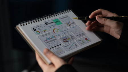 Business Insights Presentation with Colorful Graphs and Charts in a Notebook for Data Analysis and Strategy Planning.の写真素材