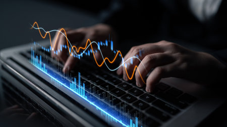 A business professional hands typing on a laptop keyboard, surrounded by vibrant graphs and charts,...