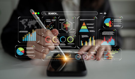 Modern Business Person Analyzing Data on Smartphone with Graphs, Charts, and Visual Representations...