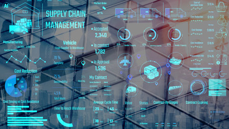Supply chain management interface showing delivery routes, warehouse efficiency, cost savings,...