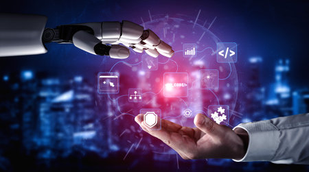 Futuristic Hand Connection Between Human and Robot Illustrating Technology, Innovation, AI, Digital Transformation, and Collaboration in a Modern Setting Quark.の写真素材