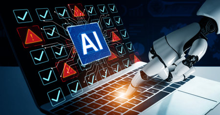 Futuristic artificial intelligence concept depicting AI hallucination, processing errors, and...