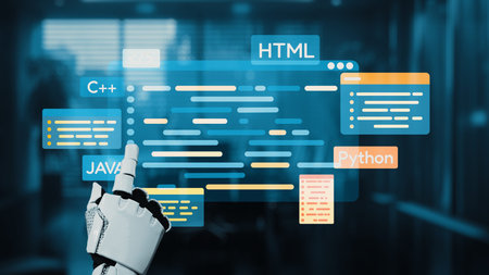 A robotic hand engages with a vibrant digital display of coding languages in a contemporary office,...
