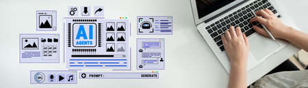Modern Technology Interface Featuring AI Agents for Image Generation and Data Processing with Laptop on White Table Quark.の写真素材