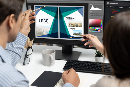 Graphic designer software for modern design of web page and commercial brisk ads showing on the...