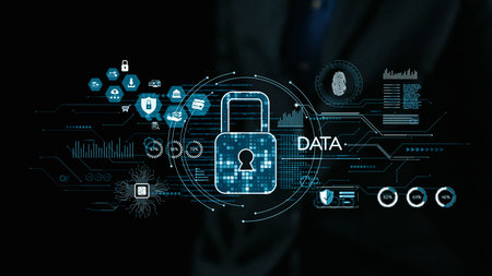 This image illustrates a digital lock representing data protection with various icons symbolizing...