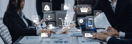 Digital Transformation in Business Meeting with E-commerce Illustrations Showing Team Collaboration...