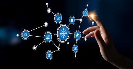A hand reaching toward a digital interface displays a network of connections symbolizing the...