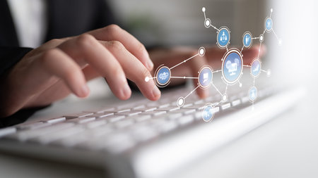 A business professional types on a keyboard, surrounded by a digital interface symbolizing...