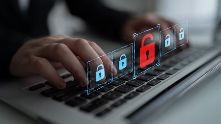 Digital security concept illustrating a cybersecurity breach, with a red unlocked padlock indicating...