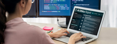 AI ethics responsibility standard law and rules on computer screen provide report of AI ethic...