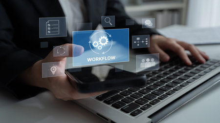 Workflow optimization concept featuring interconnected gears, task management, collaboration, process mapping, review, and automation for business productivity and efficiencyの写真素材