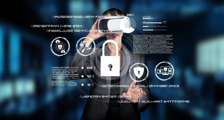 A woman explores virtual reality while interfacing with cyber security concepts, highlighting the...